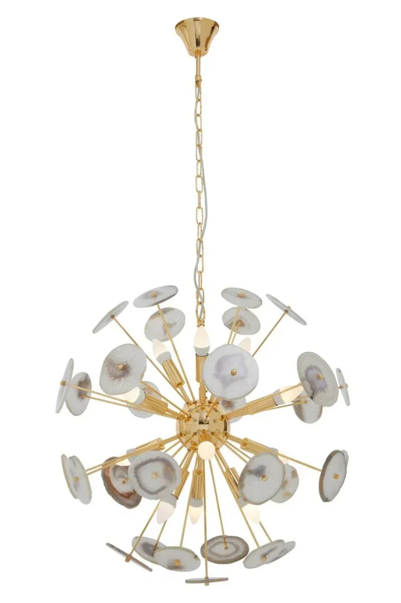 Gold sputnik chandelier with circular agate accents and exposed bulbs