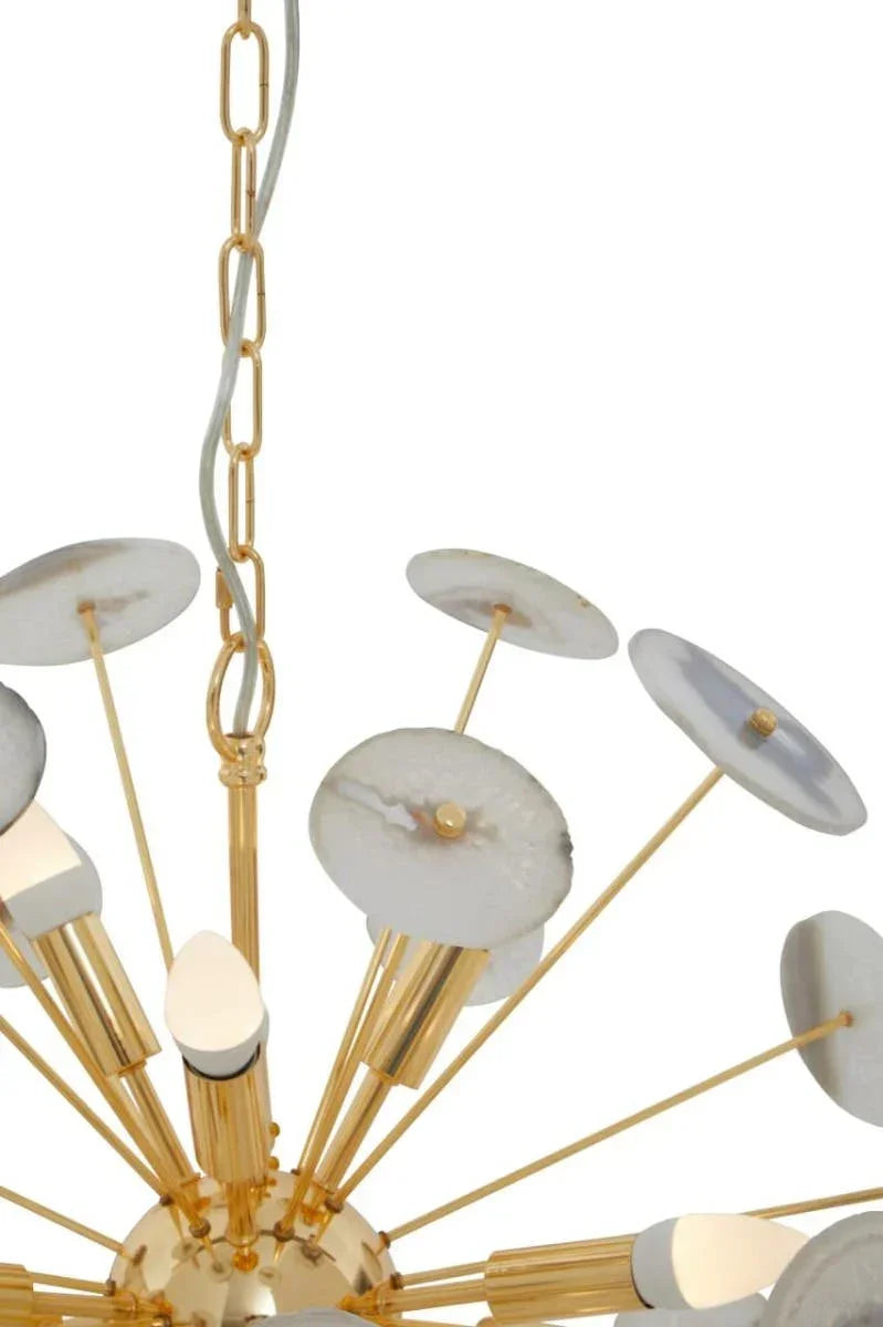 Gold sputnik chandelier with white gemstone discs and multiple light fittings