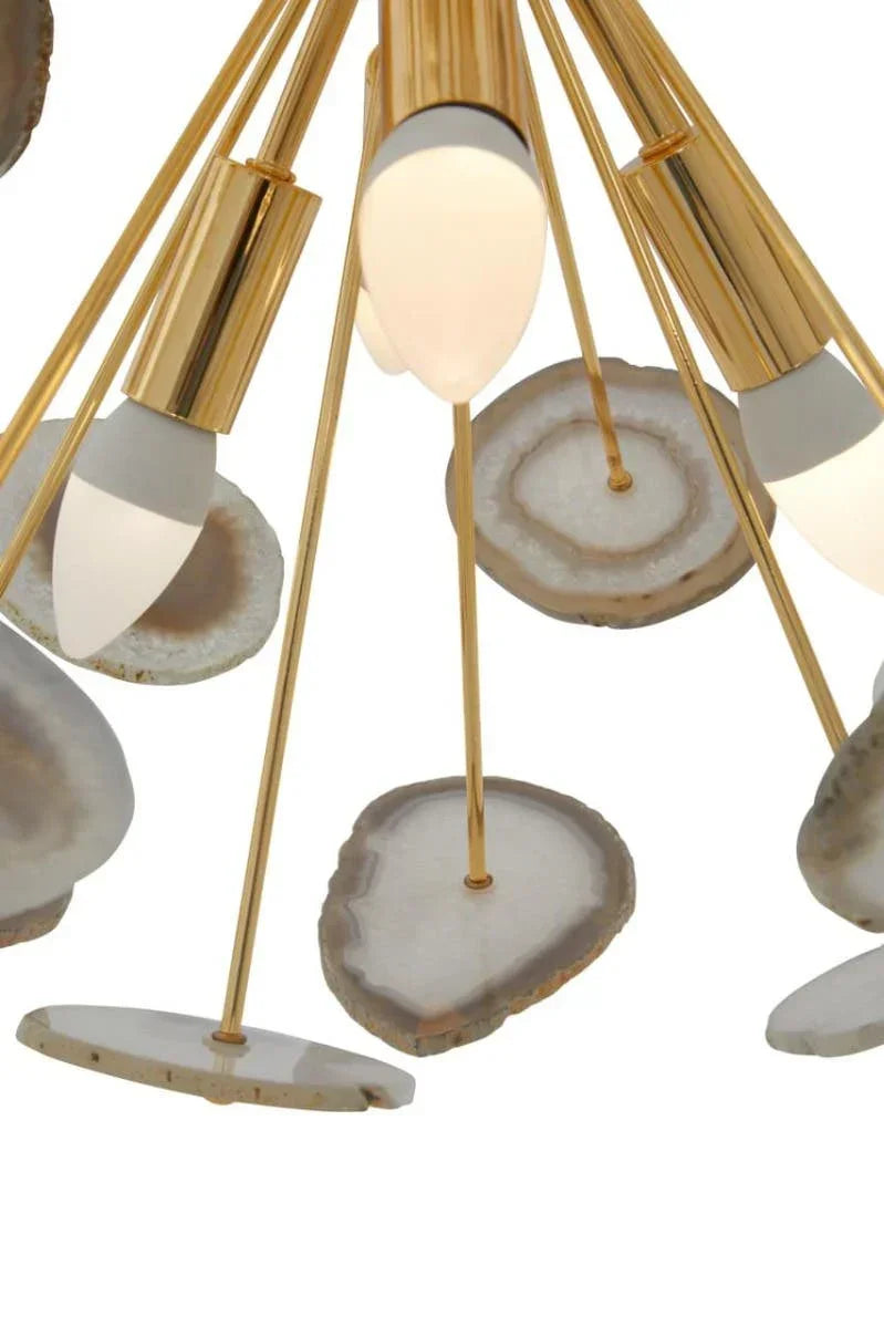 Gold chandelier with agate stone accents and modern LED bulb detailing
