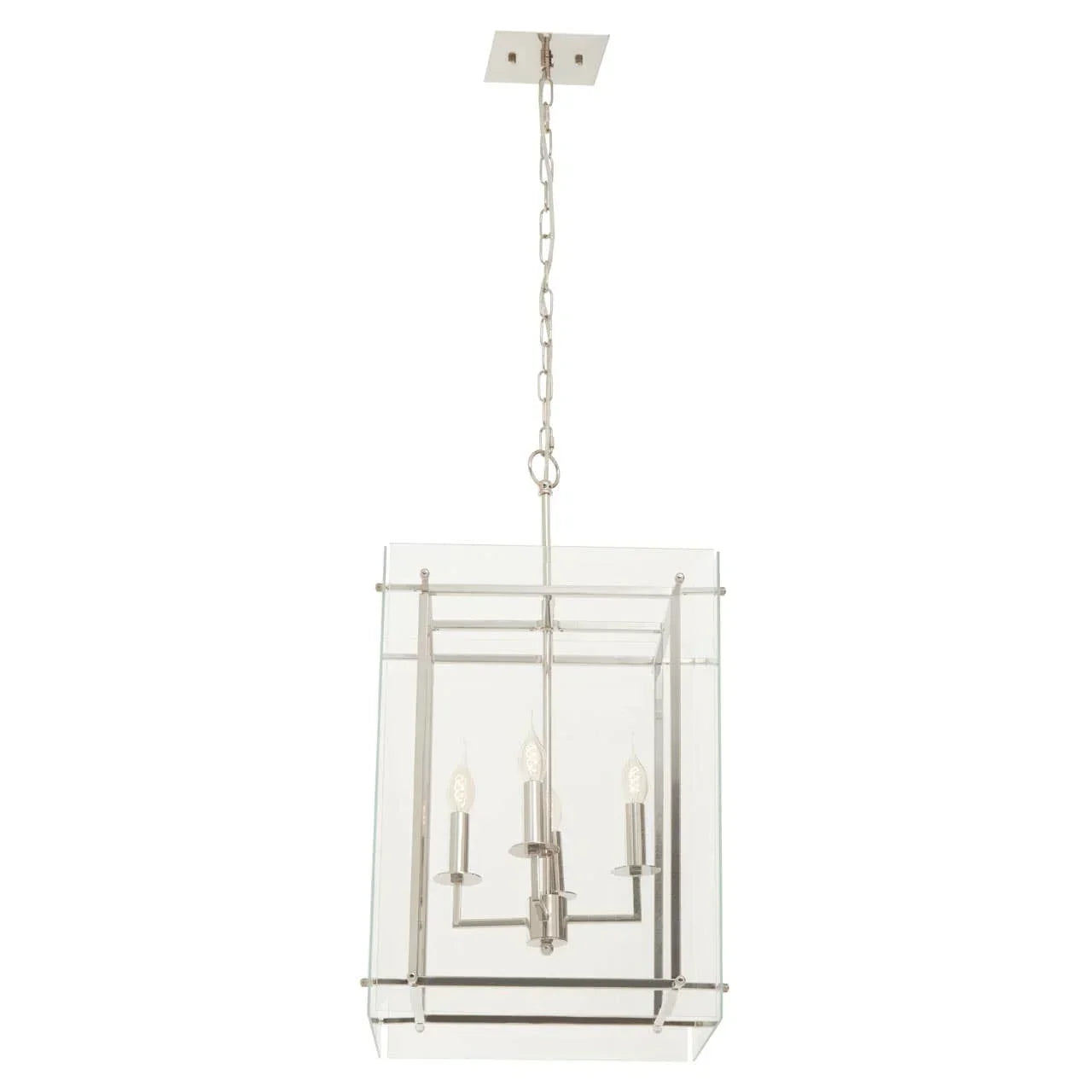 Glass and chrome pendant ceiling light with four candle-style bulbs and metal chain