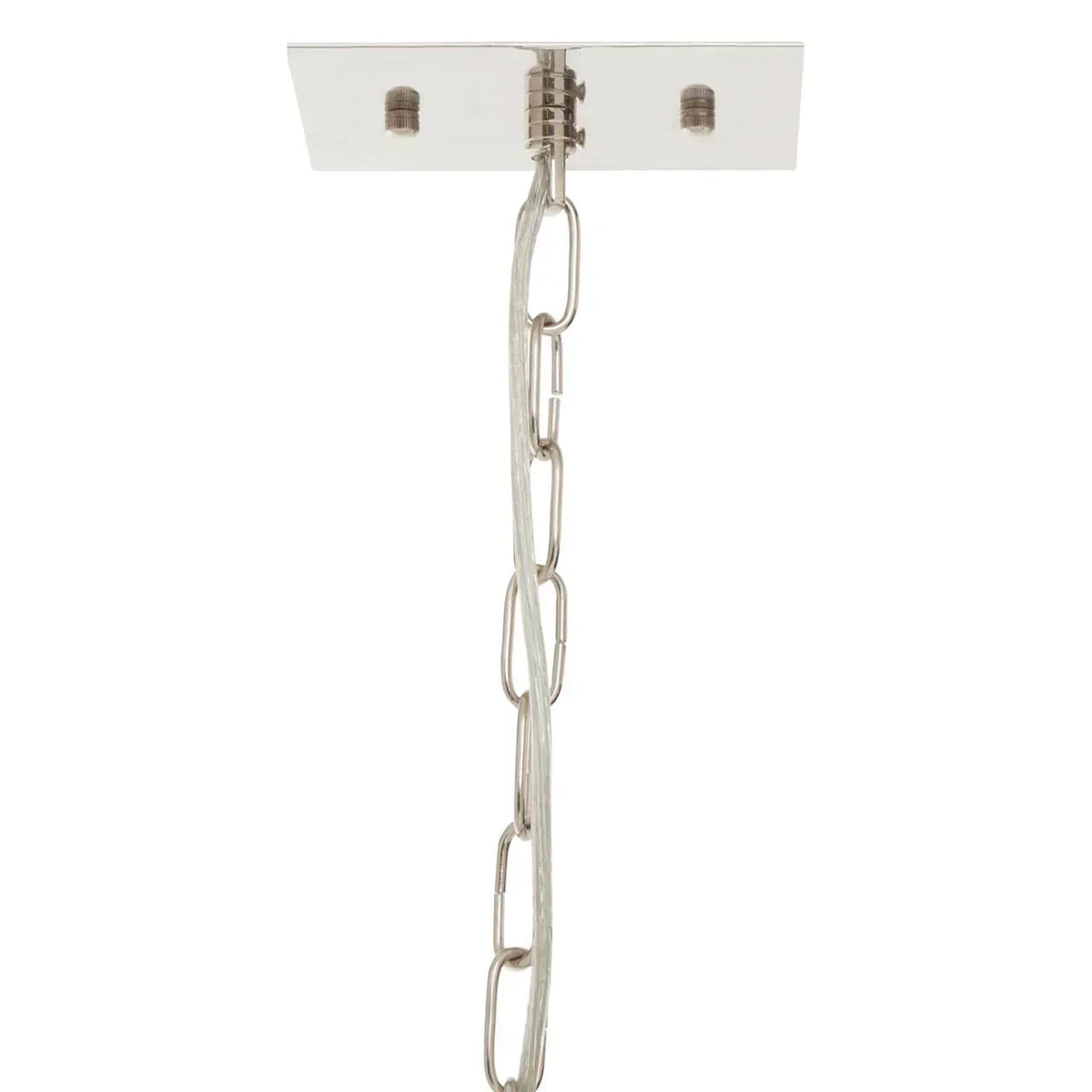 Close up of ceiling light fitting with chrome chain hanging from rectangular mount