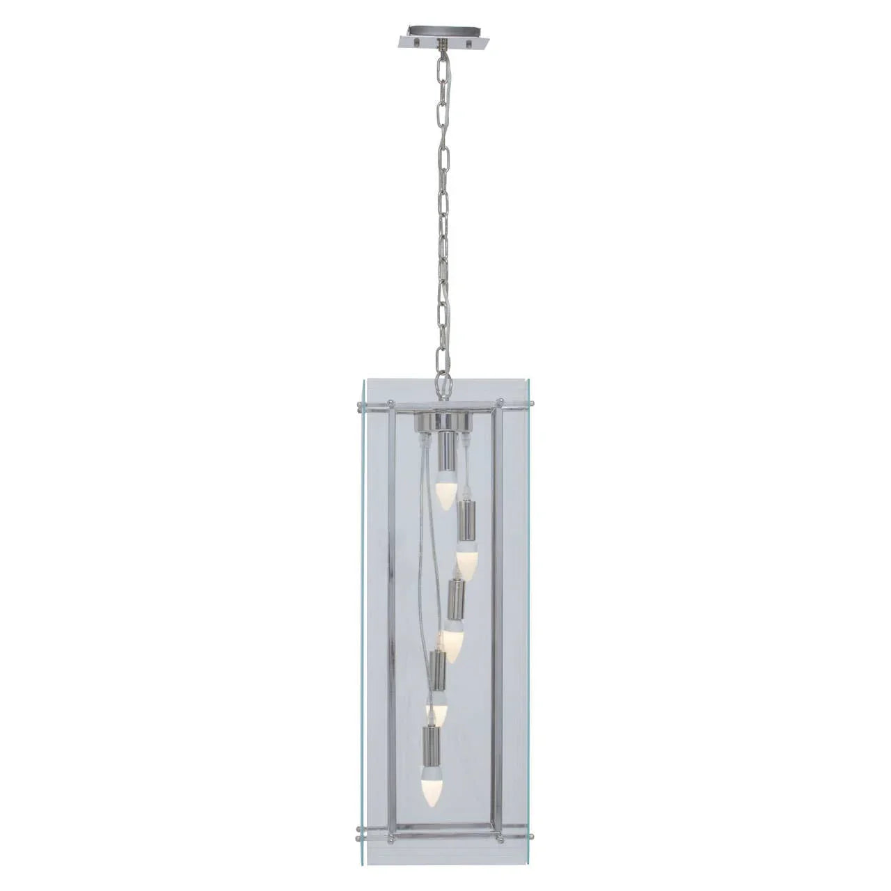 Modern chrome pendant light with glass panels and six bulbs hanging in a vertical cascade