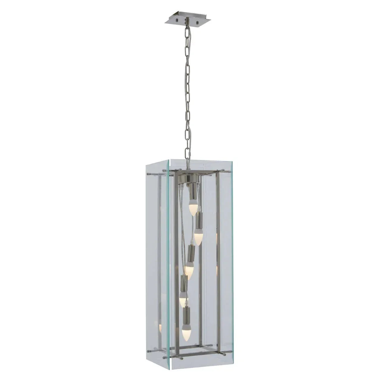Modern glass pendant ceiling light with chrome frame and exposed bulbs