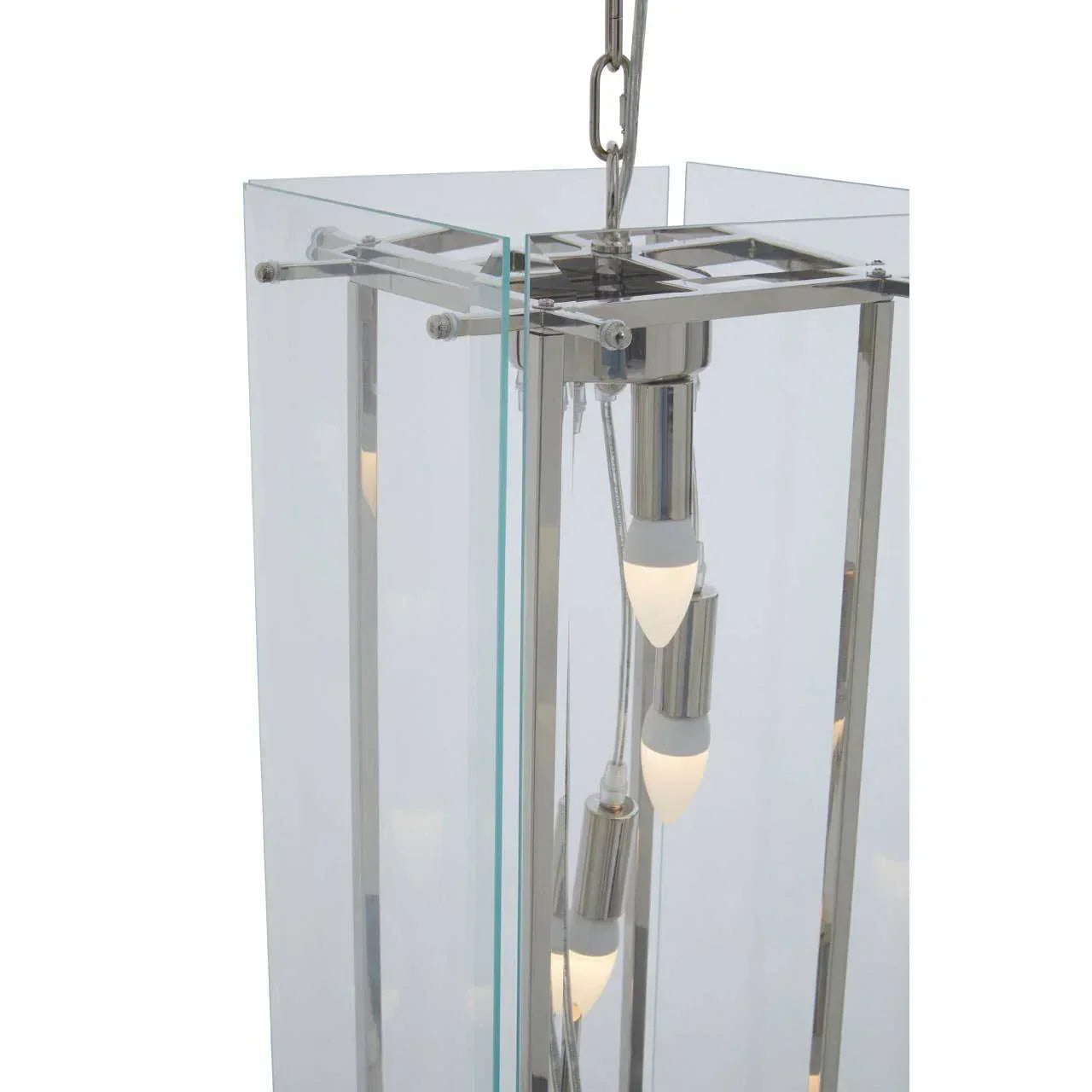 Modern glass and chrome pendant light with exposed bulbs and metal chain