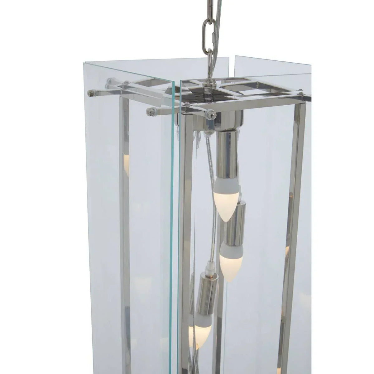 Modern glass and chrome pendant light with exposed bulbs and metal chain