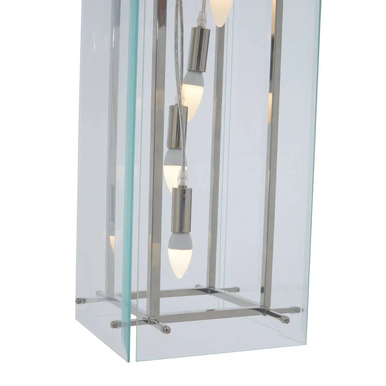 Modern glass pendant light with chrome fittings and exposed LED bulbs close-up view