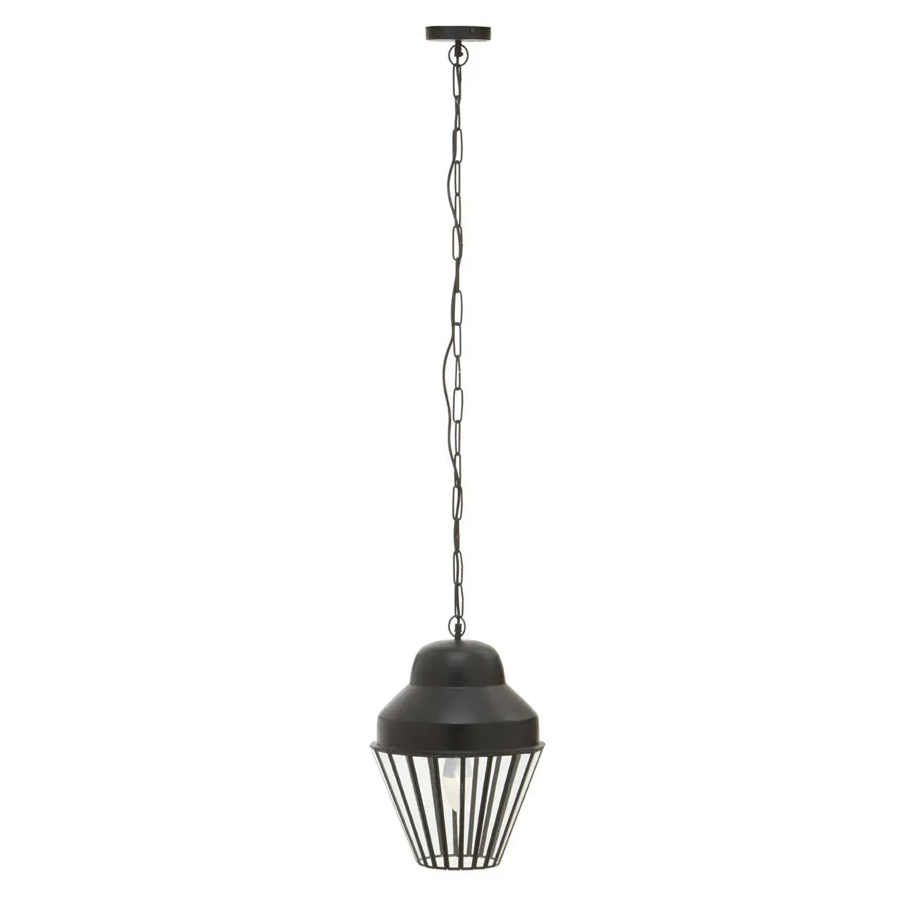 Black metal pendant light with cage shade and chain hanging from ceiling
