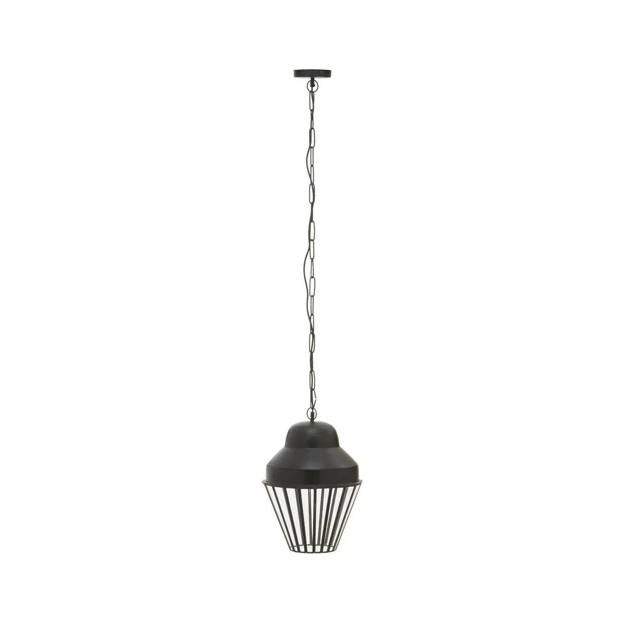 Black metal pendant light with open cage design and chain suspension, front view
