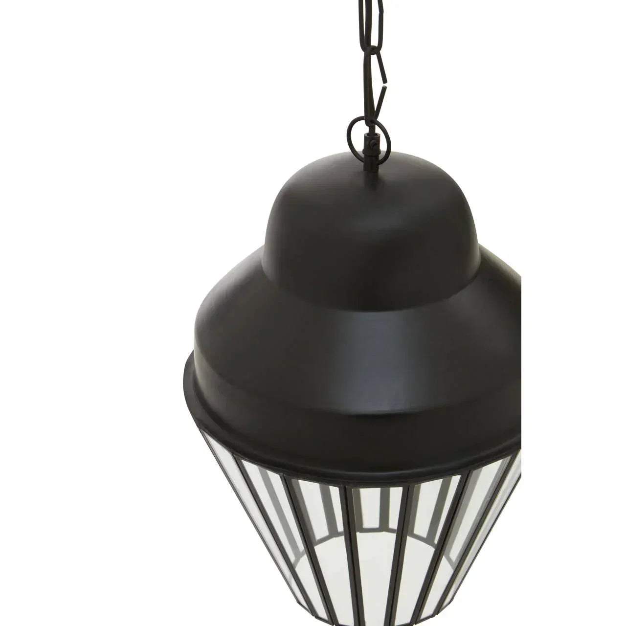 Black metal hanging lantern with clear glass panels and chain detail