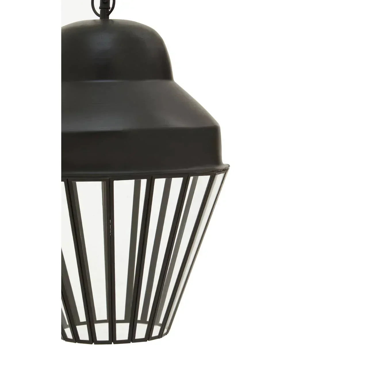 Black metal pendant light with glass panels and vertical slats, close-up view