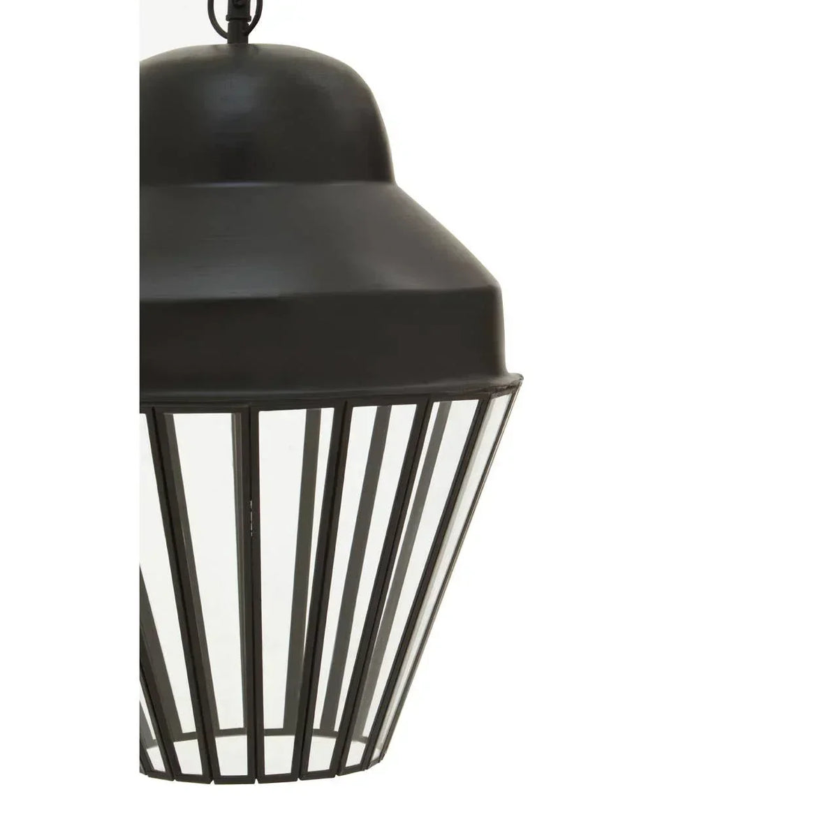 Black metal pendant light with glass panels and vertical slats, close-up view