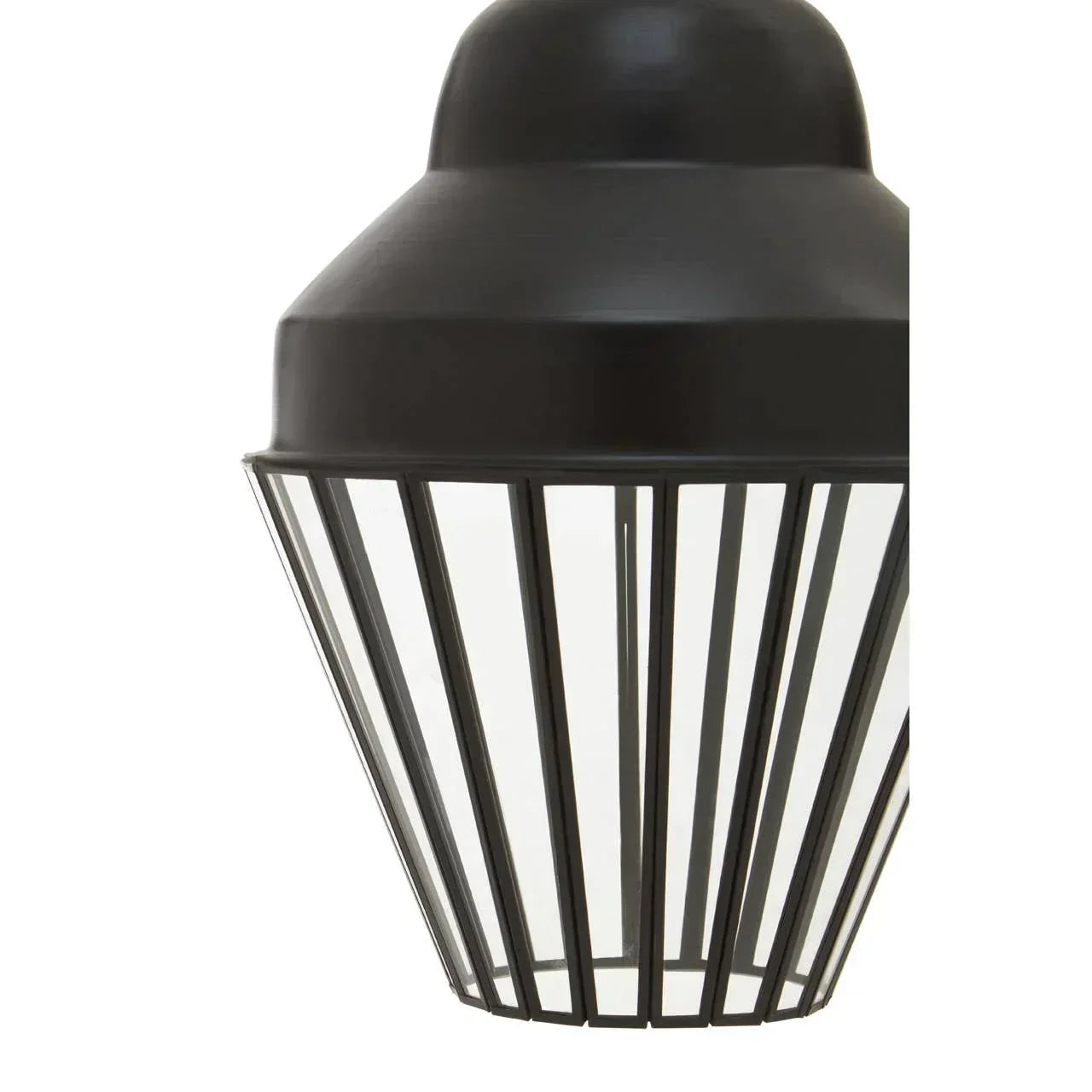 Black metal pendant light with geometric cage design and matte finish, close-up view