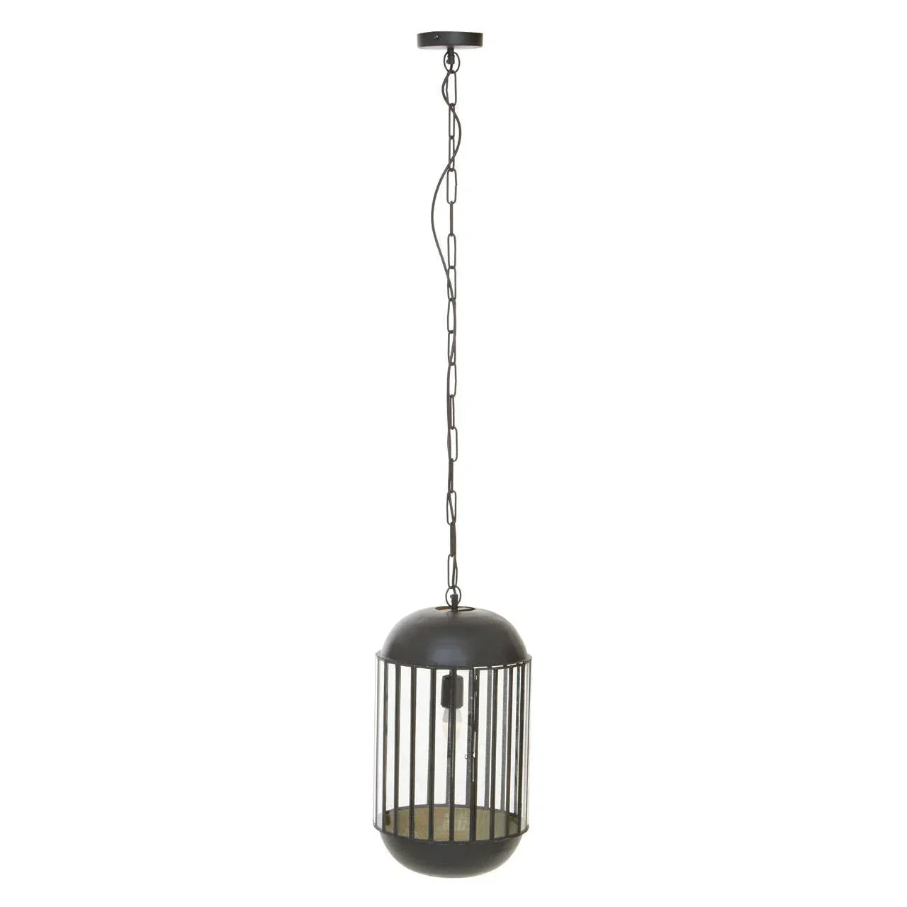 Black metal pendant ceiling light with cage design and chain suspension