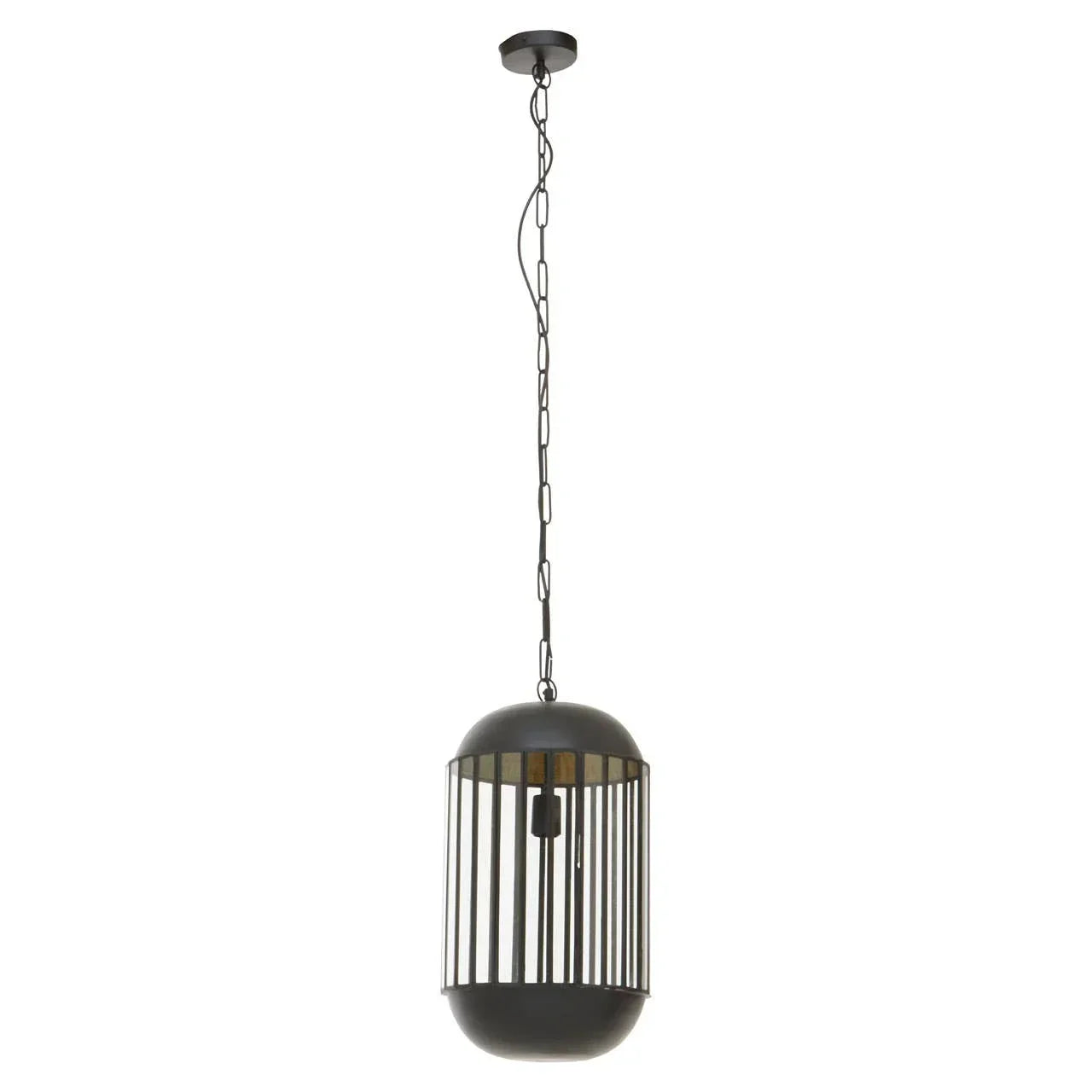 Black metal pendant ceiling light with cage design and chain suspension