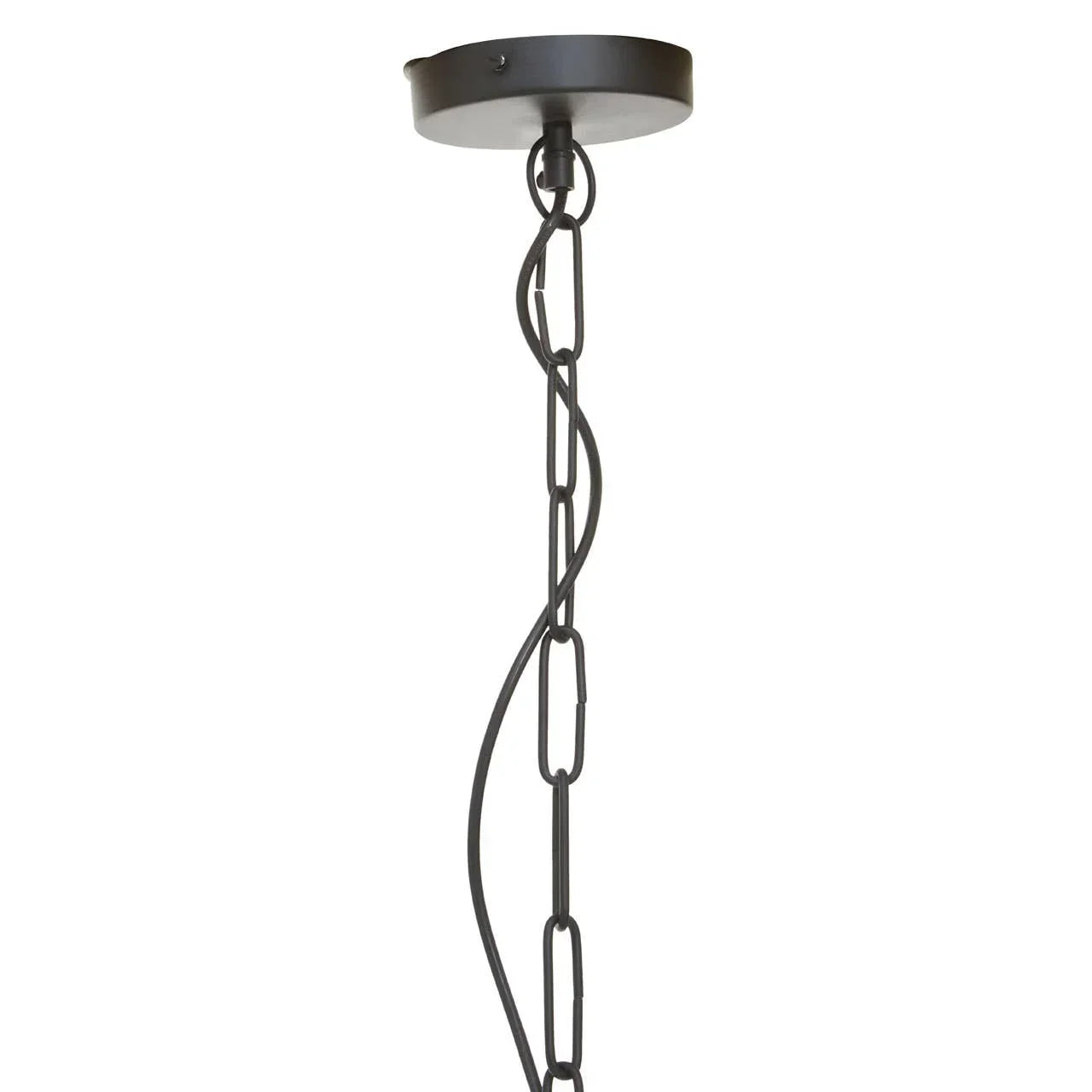 Black metal ceiling light chain and canopy with exposed wiring detail