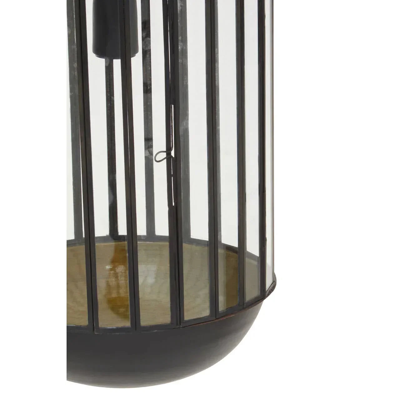 Black metal lantern with glass panels and wooden base close-up