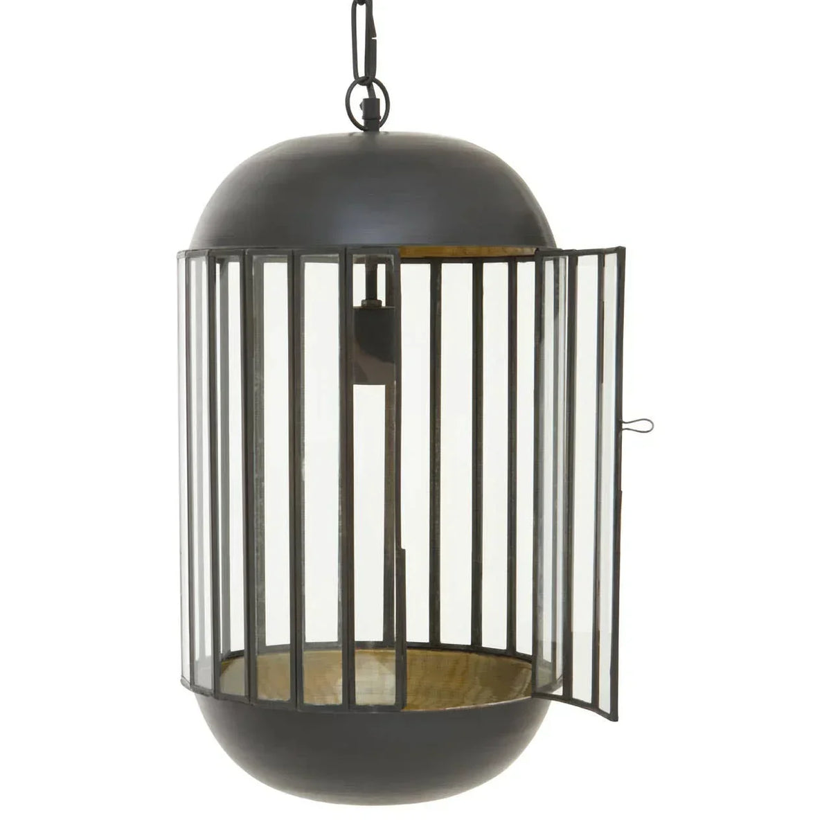Black metal hanging lantern with open door and vertical bars