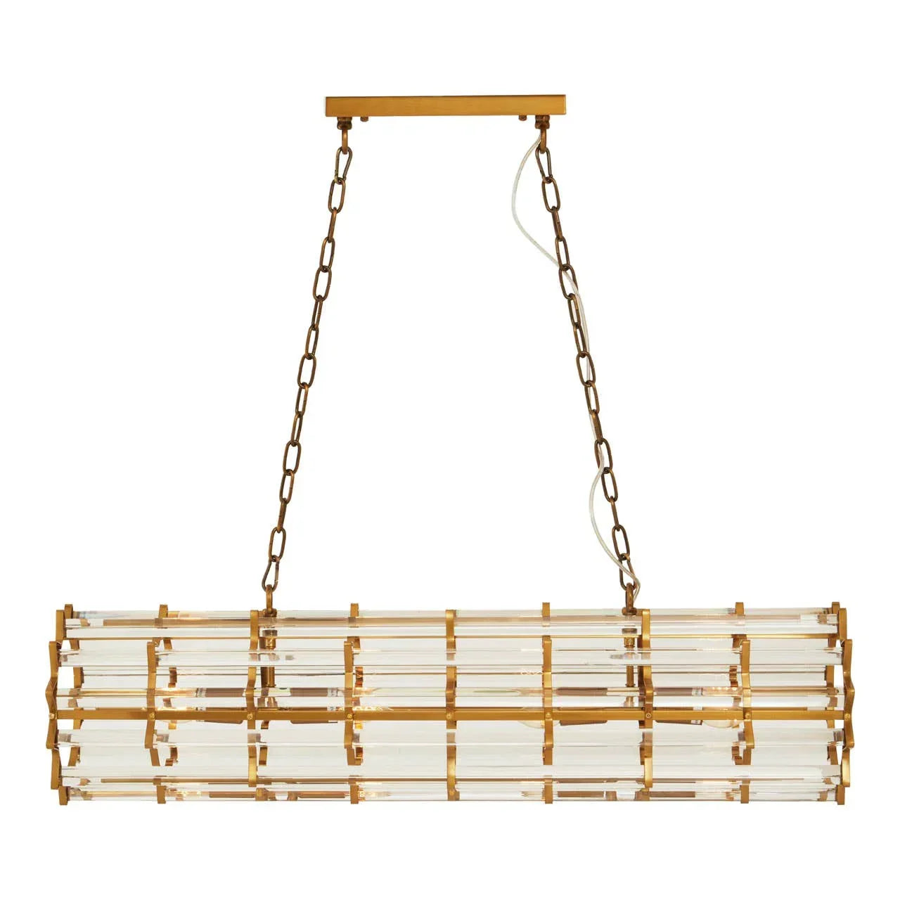 Rectangular gold and glass ceiling light pendant with chain suspension