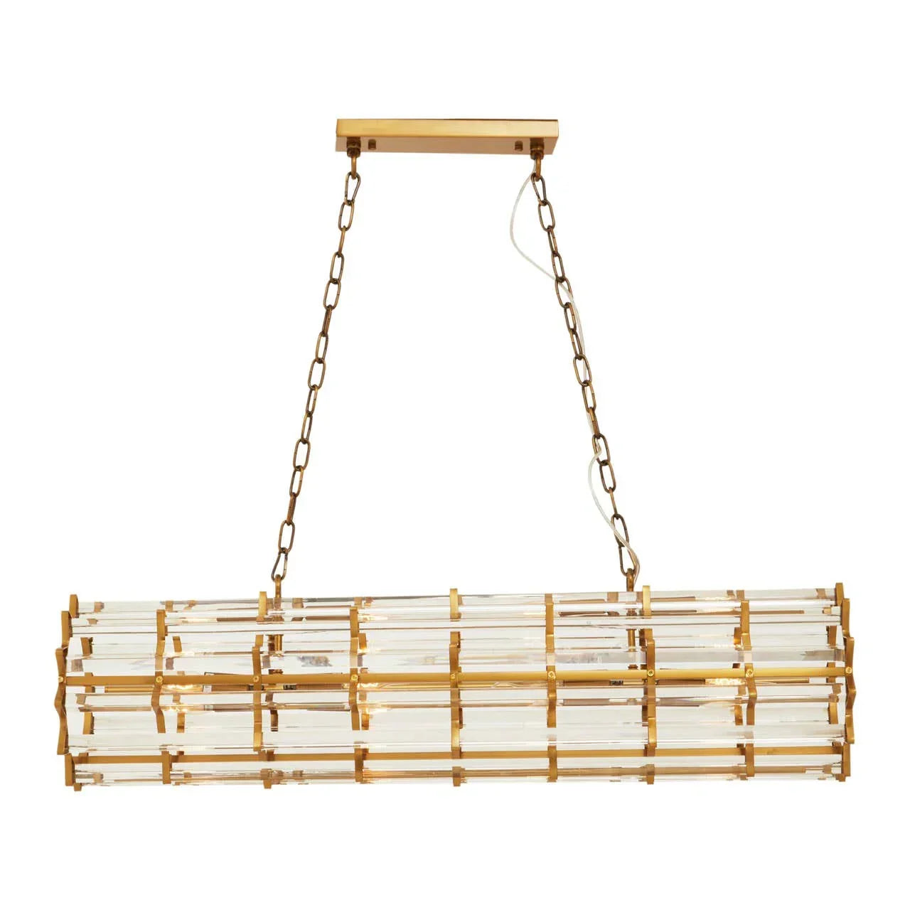 Rectangular gold and glass ceiling light fixture with chain suspension