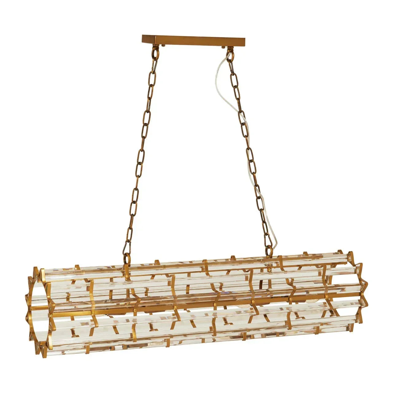 Gold and glass pendant light fixture with rectangular chain suspension