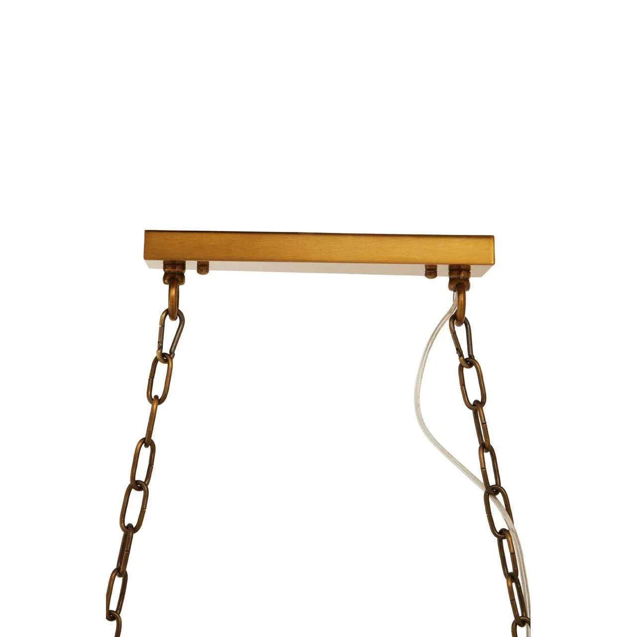 Gold ceiling light fitting with two chain suspensions and visible white cable