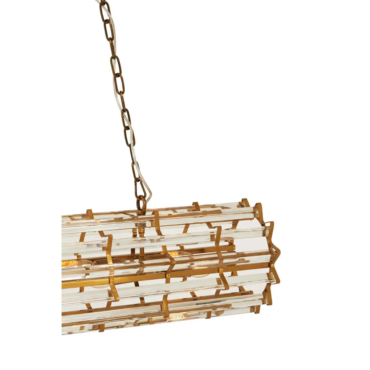 Gold and clear glass chandelier pendant light with geometric frame on metal chain