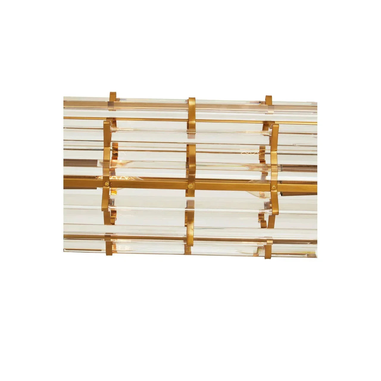 Gold and glass ceiling light fixture with clear rods and horizontal gold frame detail