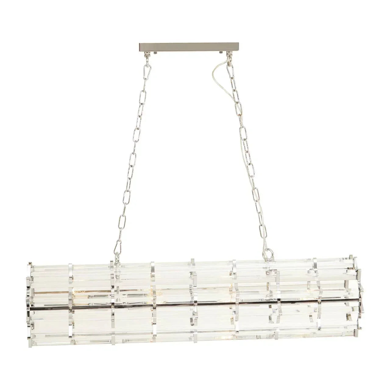 Modern crystal linear pendant light with chrome fittings and twin hanging chains