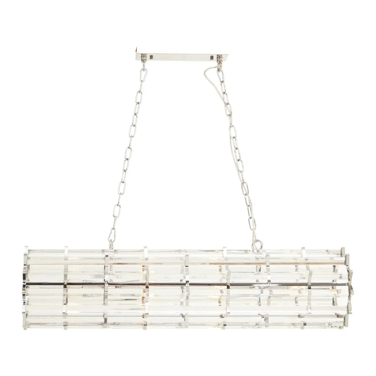 Rectangular crystal chandelier with chrome chains and clear glass rods, suspended ceiling view