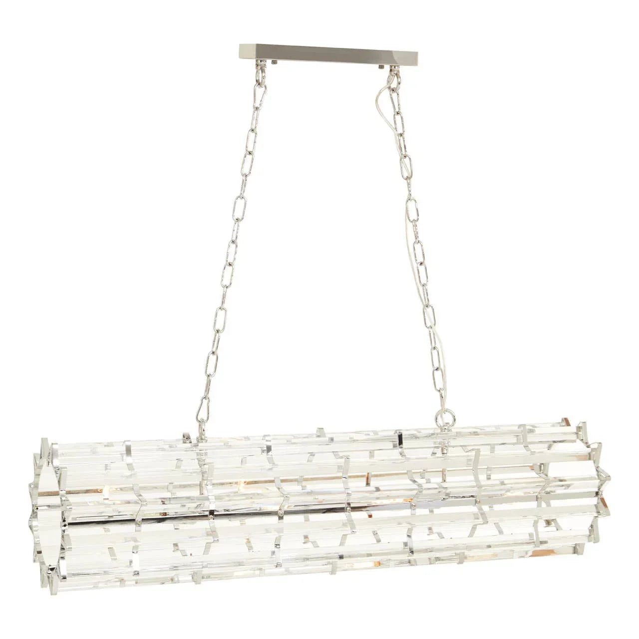 Crystal rectangular pendant ceiling light with chrome metal frame and dual hanging chains