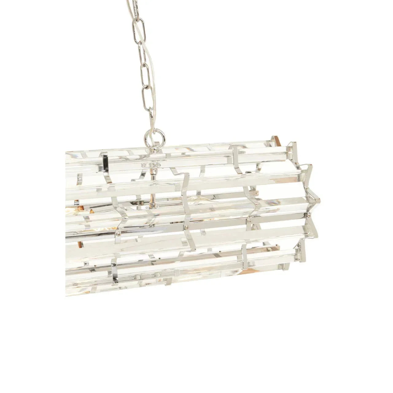 Rectangular crystal chandelier with chrome frame suspended by chain, side angle view