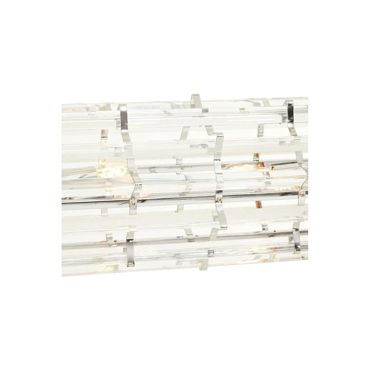 Close-up of crystal and chrome ceiling light fixture with linear glass detailing