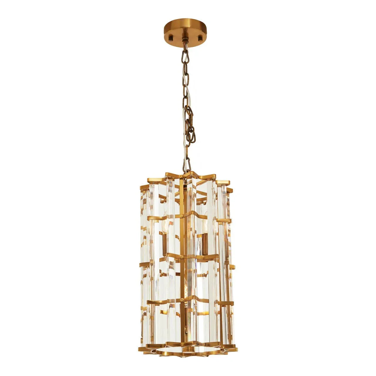 Gold and glass pendant ceiling light with rectangular crystal panels and chain suspension