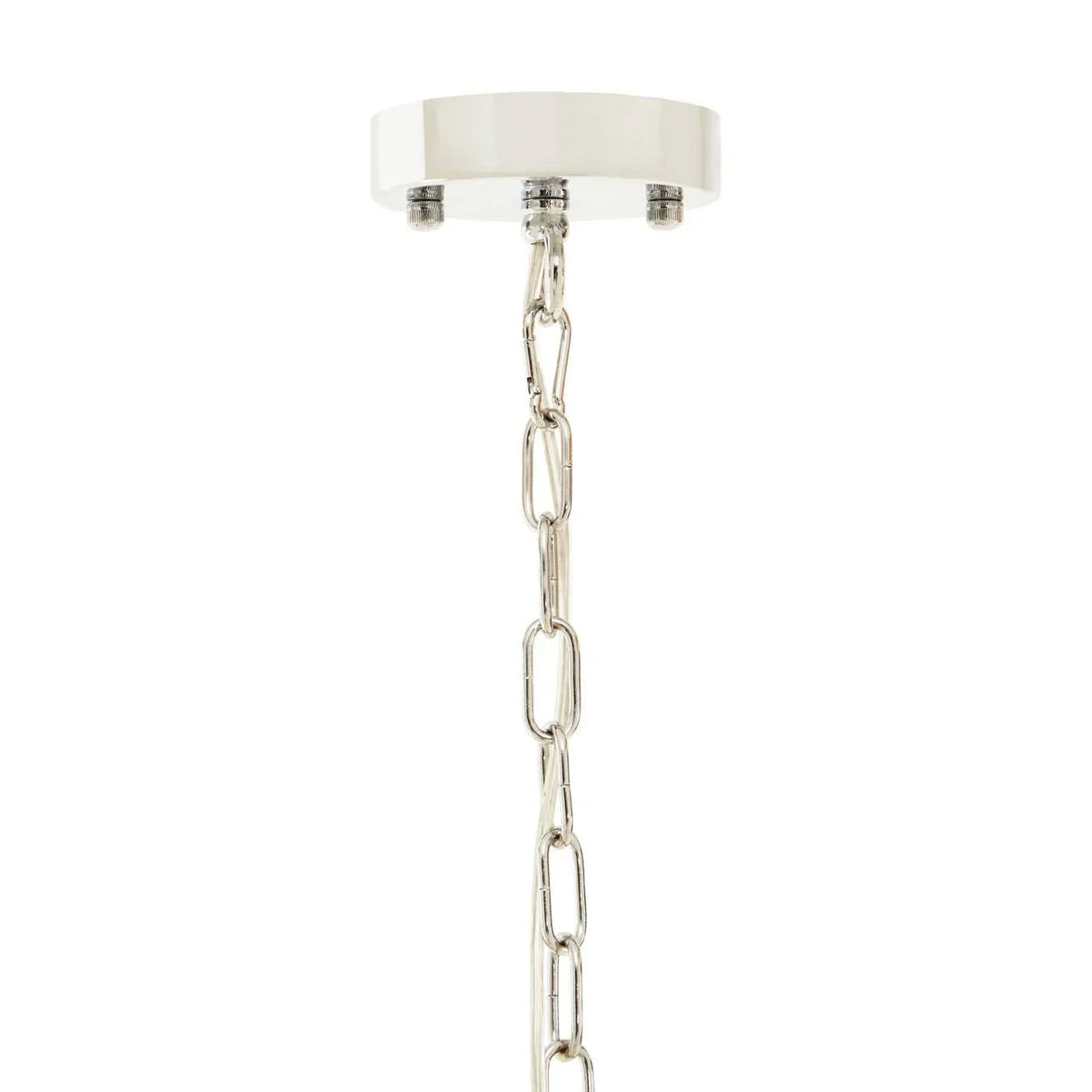 Chrome ceiling light fitting with silver hanging chain close-up