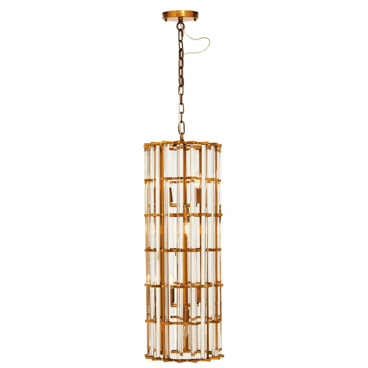 Gold metal and glass pendant ceiling light with cylindrical frame and chain suspension