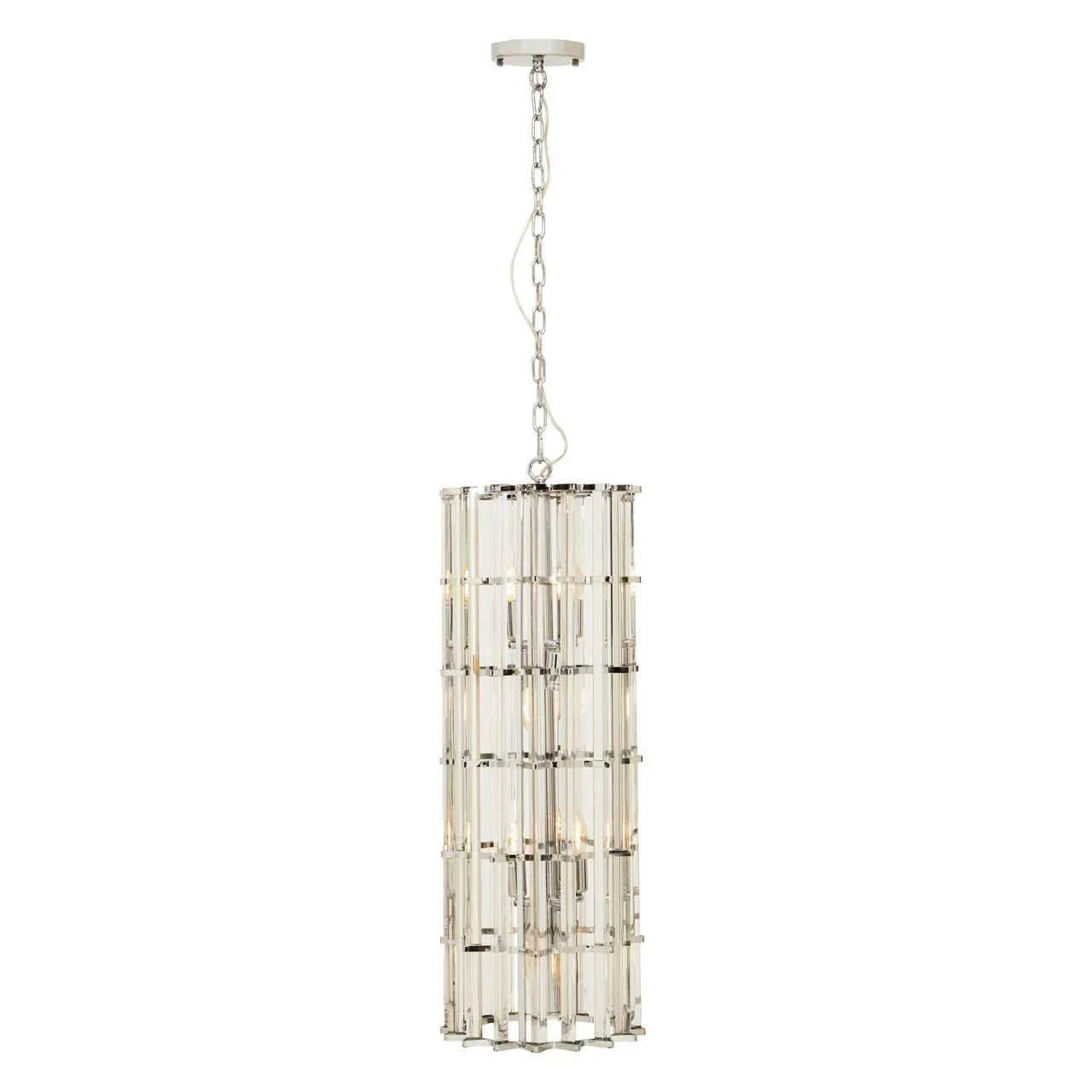 Modern crystal chandelier with cylindrical glass panels and chrome finish suspended from ceiling