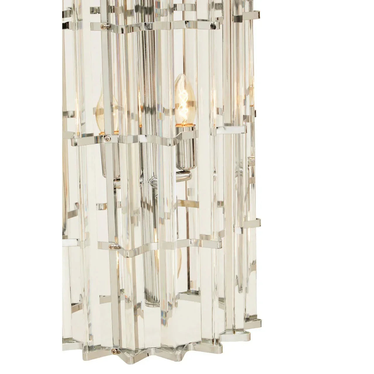 Modern crystal chandelier with vertical glass rods and exposed bulb detail