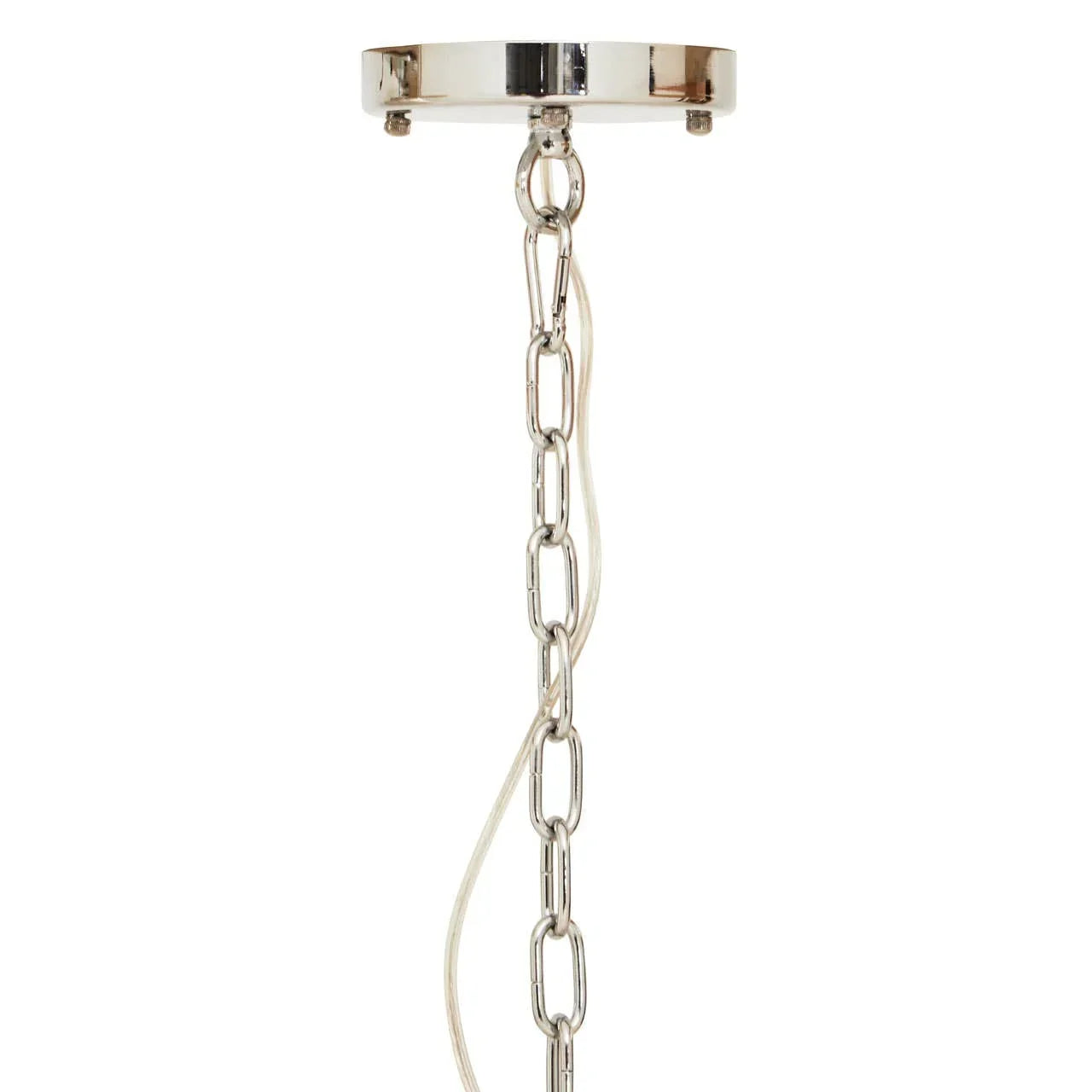 Chrome ceiling light fitting with metal chain and cord detail