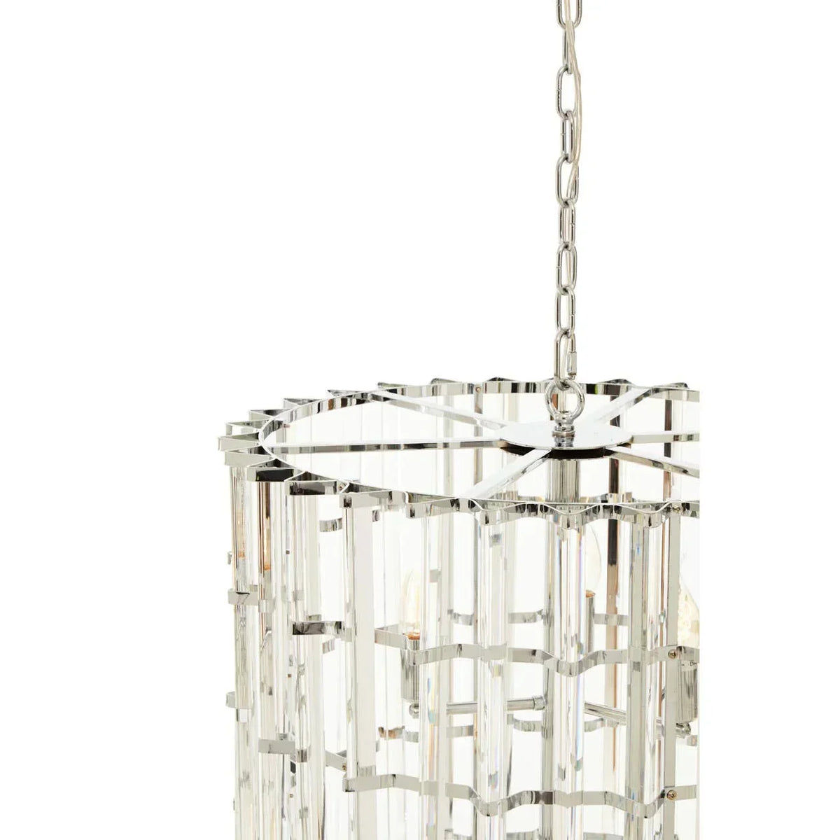 Chrome and crystal pendant light with geometric glass panels and chain suspension