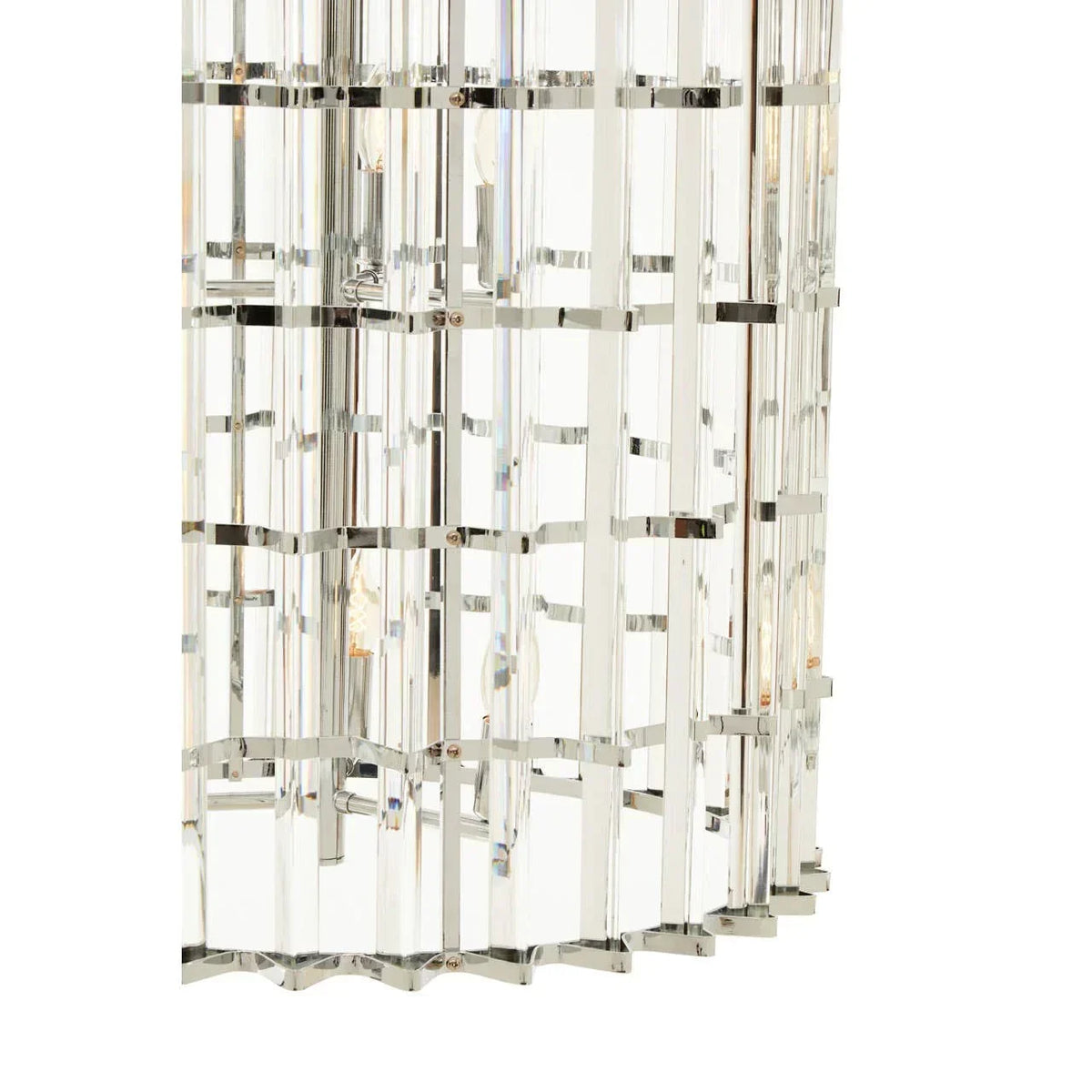 Modern crystal chandelier with rectangular prisms and chrome frame close-up