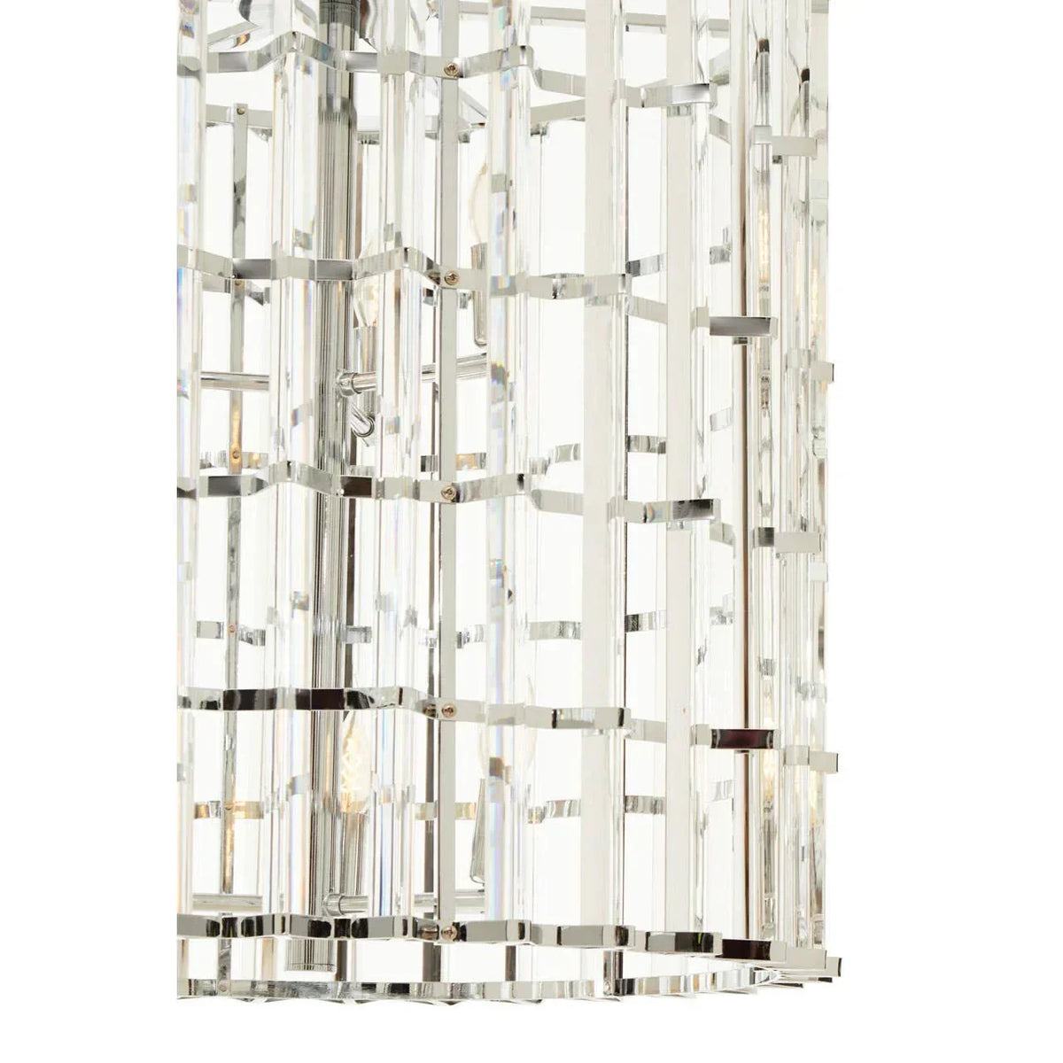 Closeup of crystal chandelier with geometric chrome frame and exposed bulbs