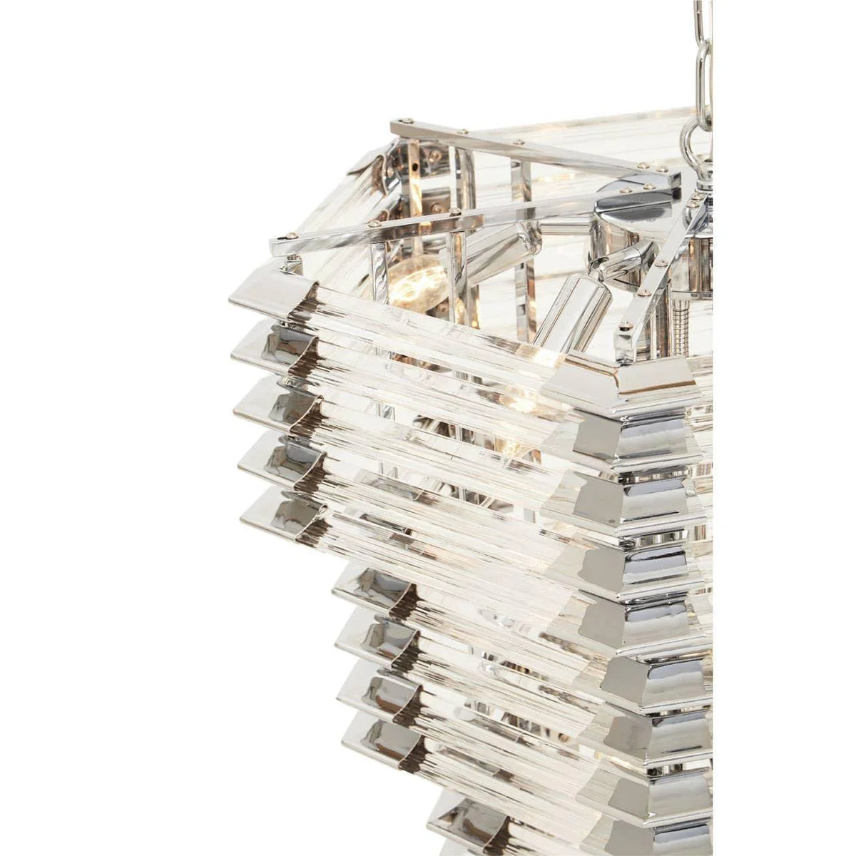 Modern crystal ceiling light with layered glass panels and polished chrome finish detail