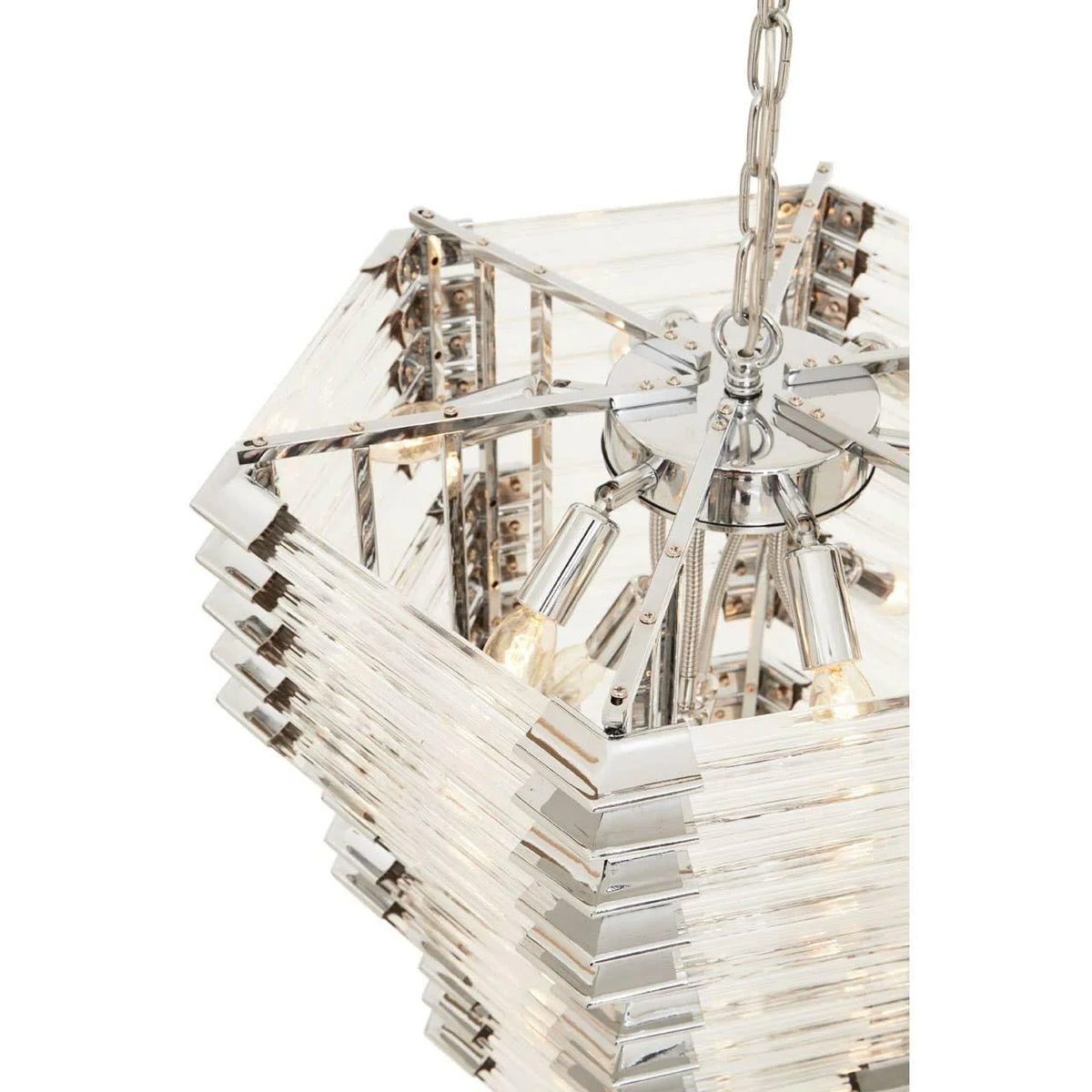 Modern chrome and glass chandelier with geometric frame and exposed bulbs
