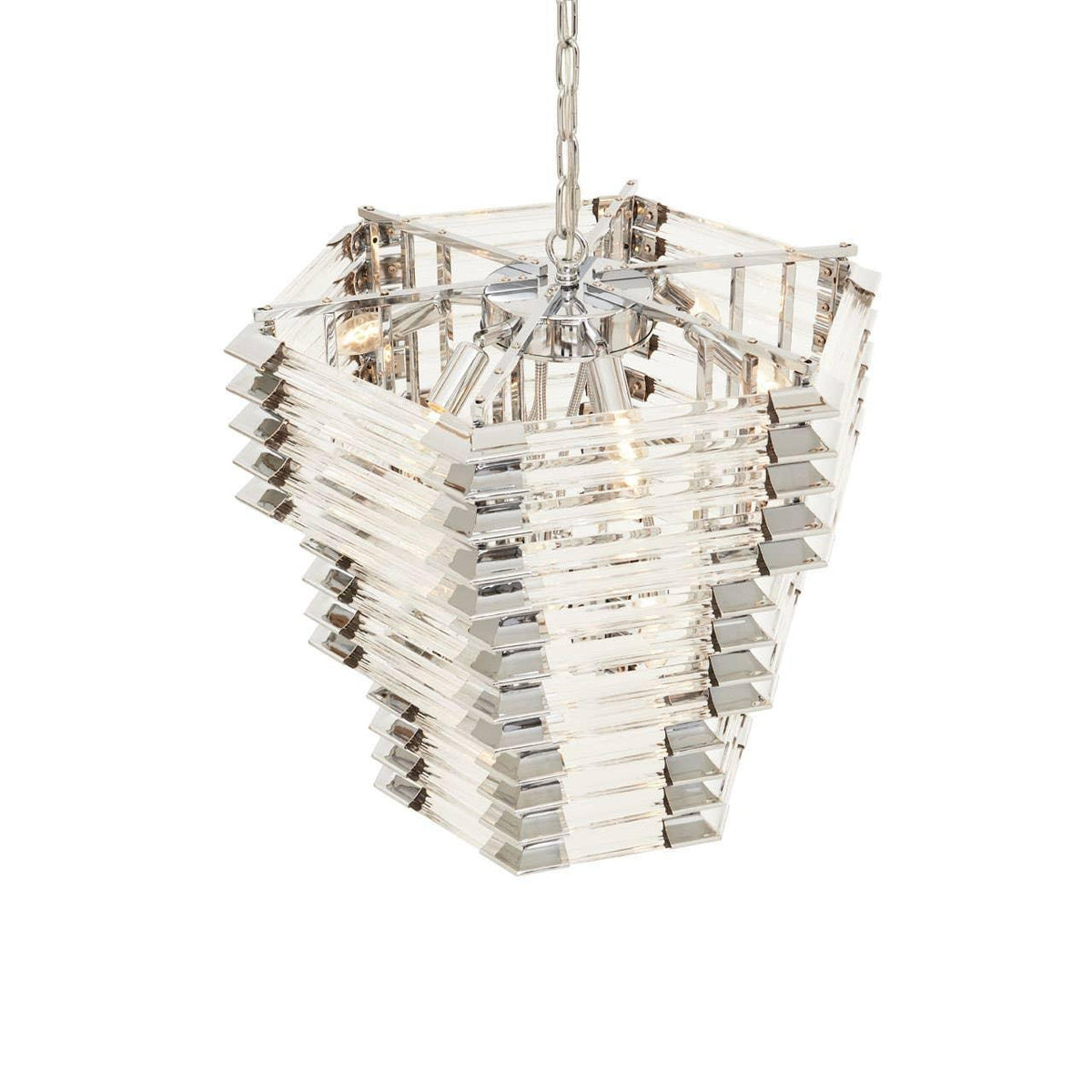 Geometric crystal chandelier with chrome frame and layered glass panels hanging by a chain