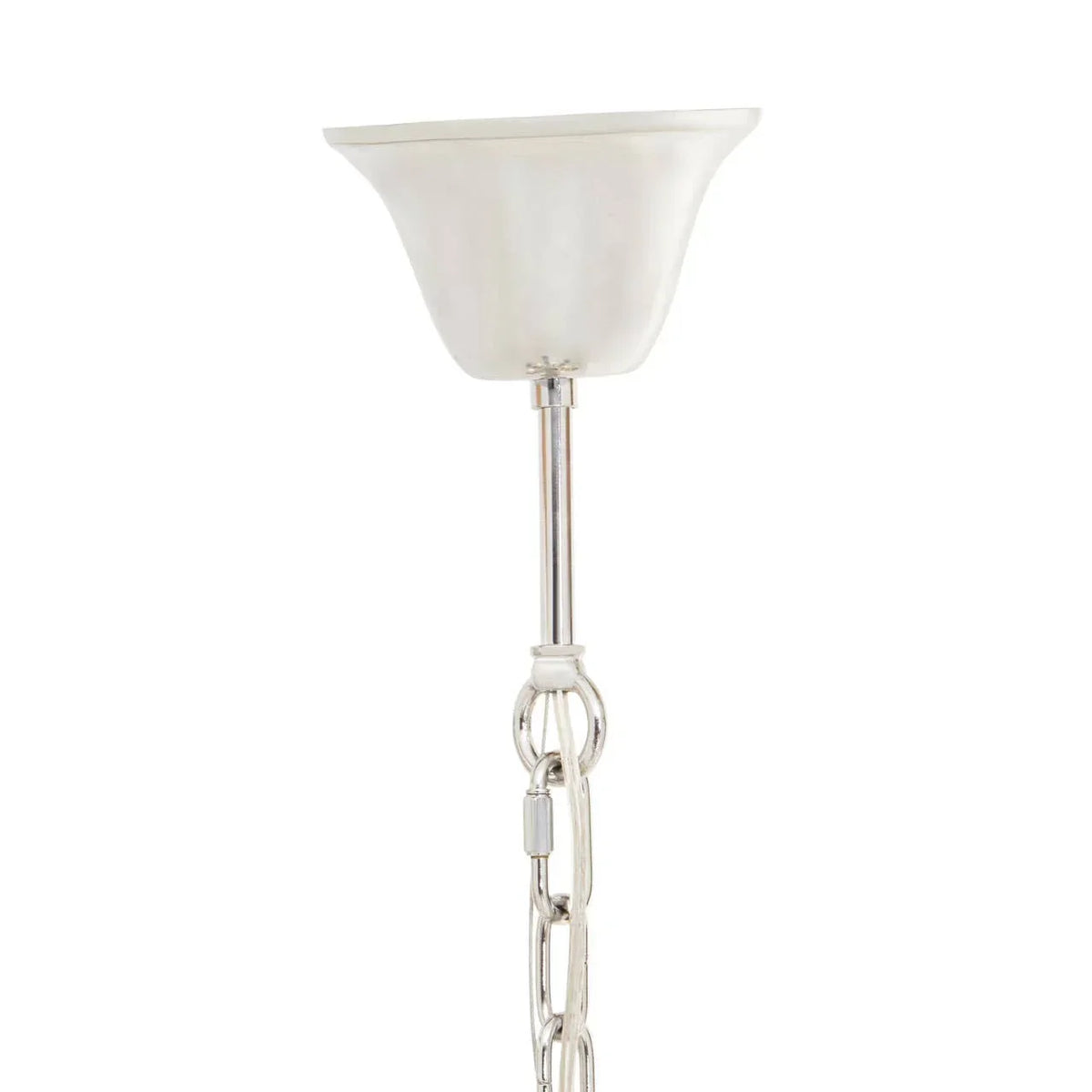 Glass ceiling light fitting with chrome chain and mount, close-up view