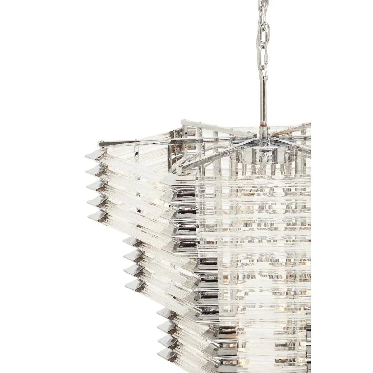 Modern crystal chandelier with layered glass details and chrome hanging chain