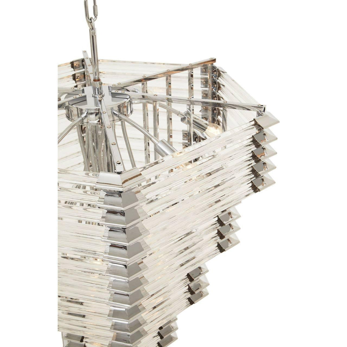 Modern crystal chandelier with layered rectangular glass and chrome finish, close-up angle
