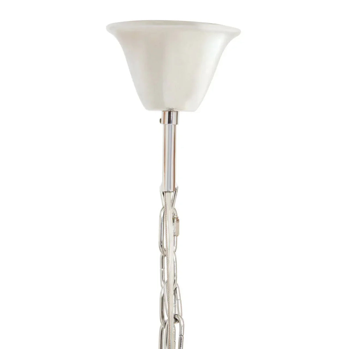 Ceiling light fitting with white glass shade and chrome chain detail