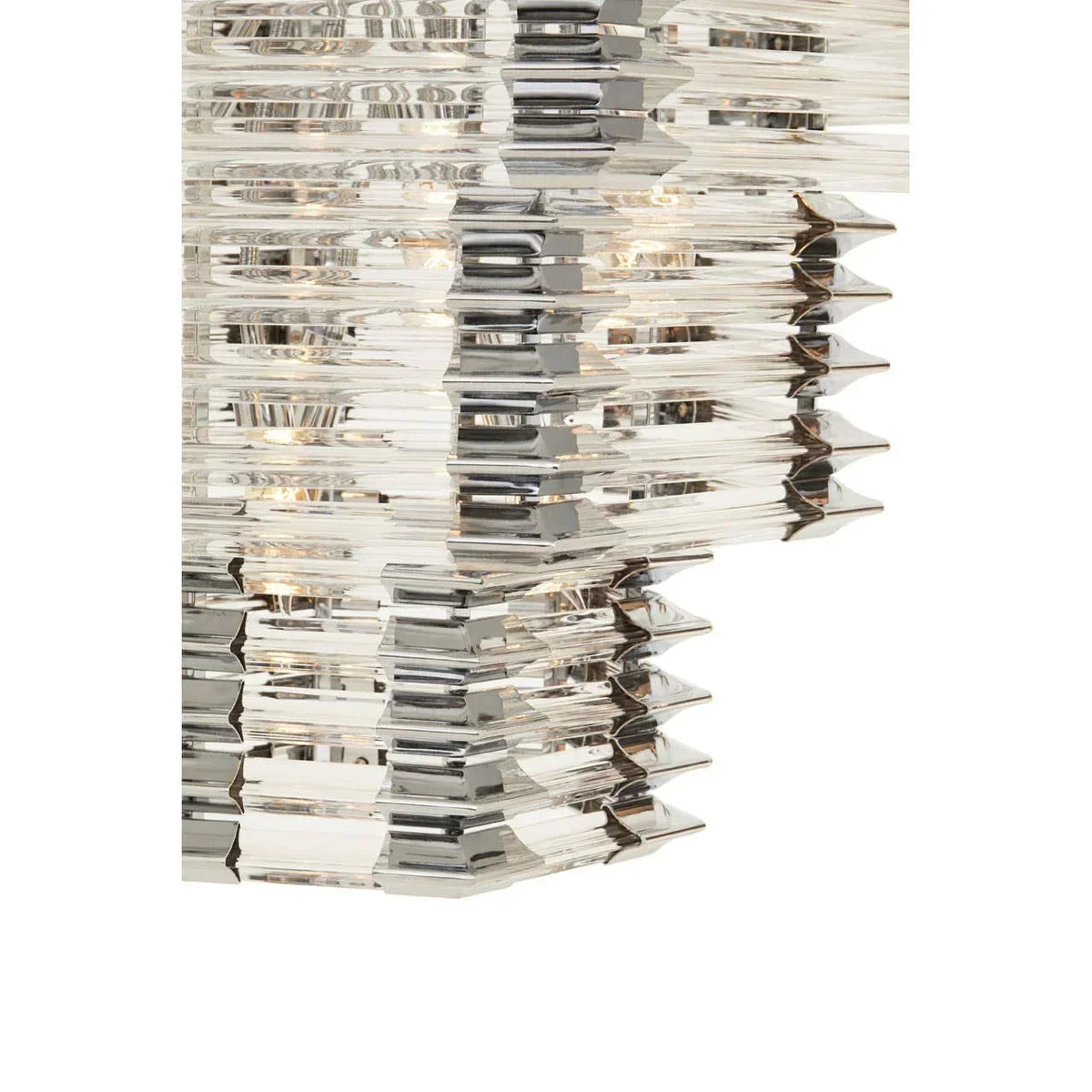 Modern glass chandelier with stacked clear and chrome geometric panels close-up