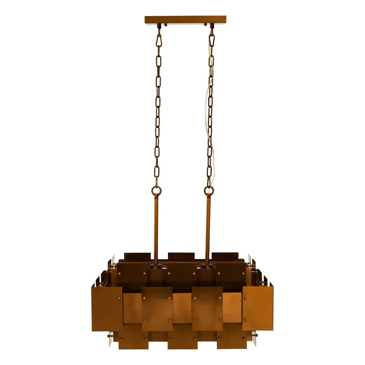 Rectangular brass ceiling light fixture with chain suspension and geometric panels